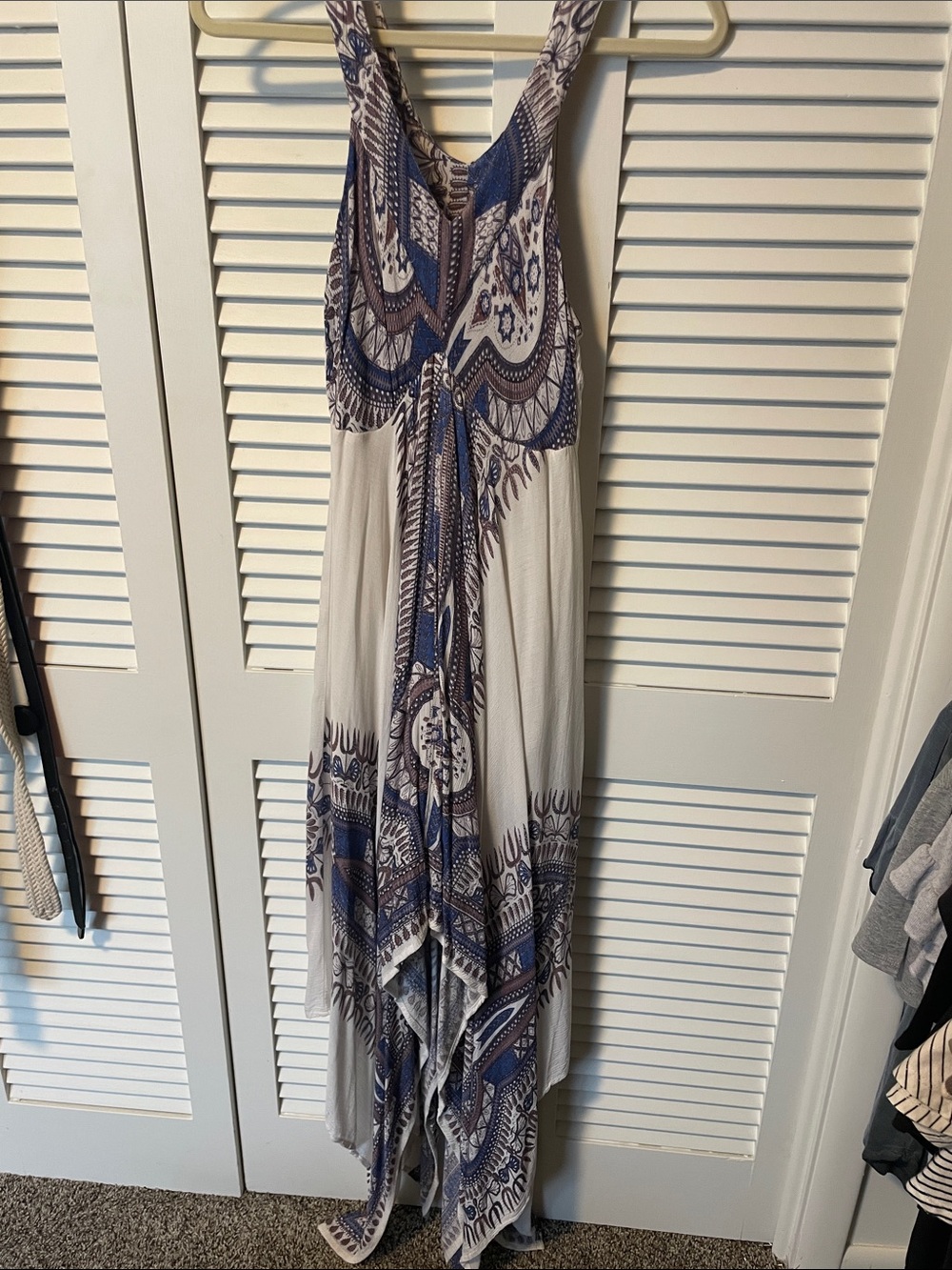 Cost Plus World Market Blue and Cream Handkerchief Hem Maxi Dress